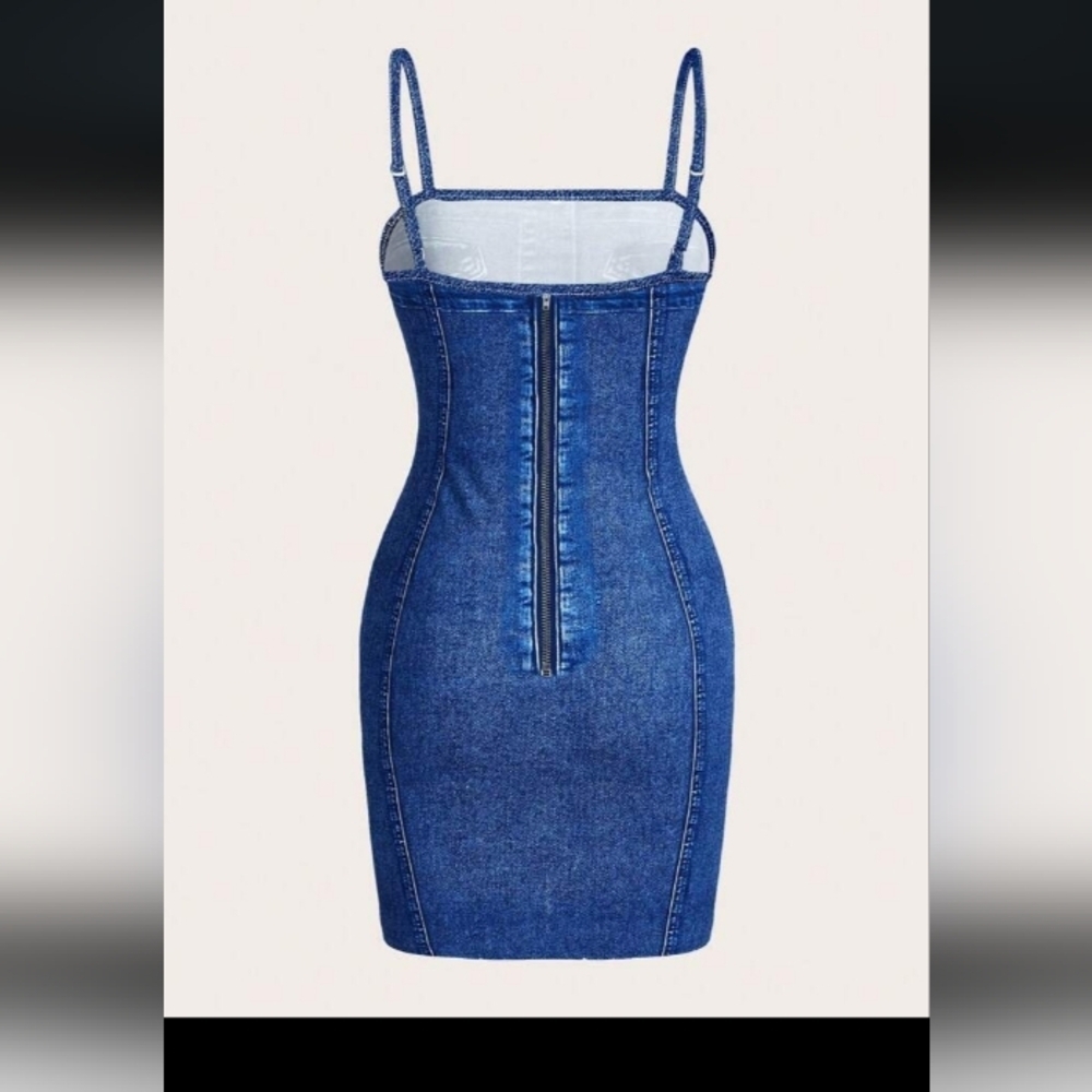 Sleek Blue Fake Button-Up Mini Dress - Picture 3 of 8